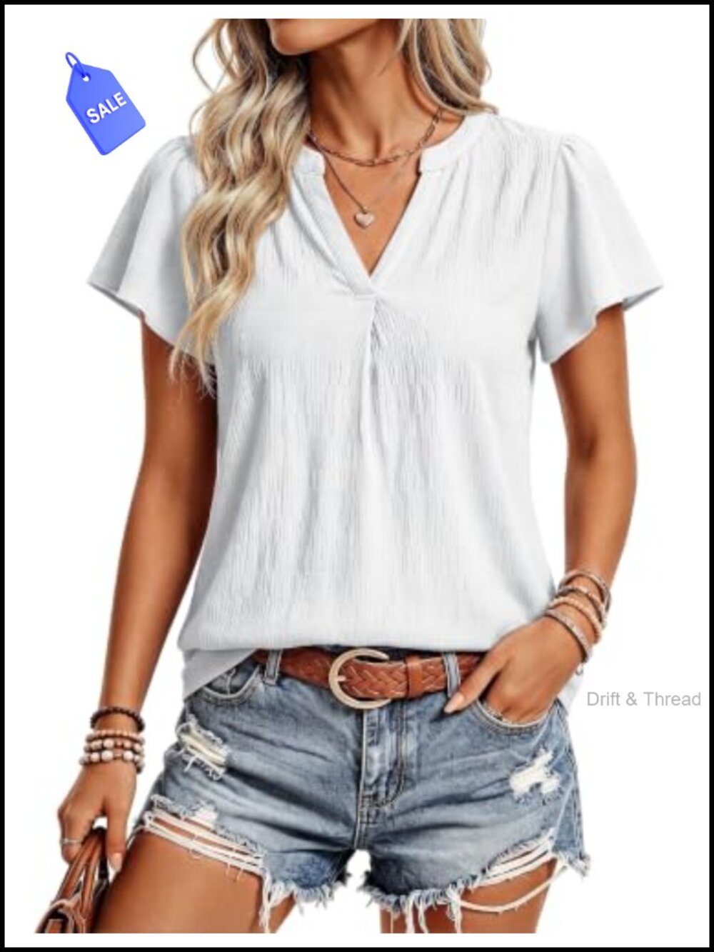 Womens Ruffle Short Sleeve V Neck Textured Knit Casual Top